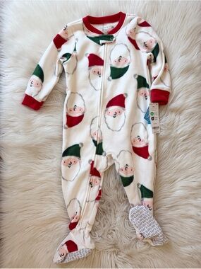 Carter's White Fleece Santa Print Footed One-Piece with Red & Green Accents